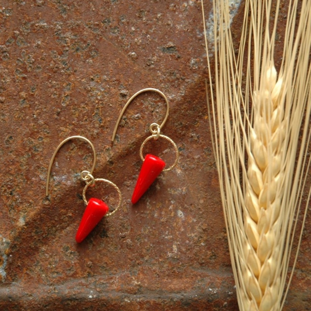 Glittery Gold Sacred Red Spike Tooth Earrings